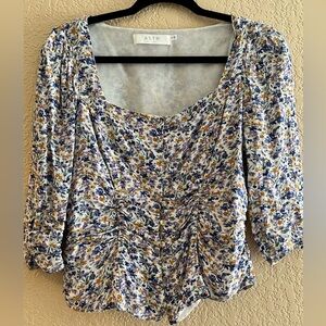 Square Neck Floral ¾ Sleeve Rouched Blouse Size M